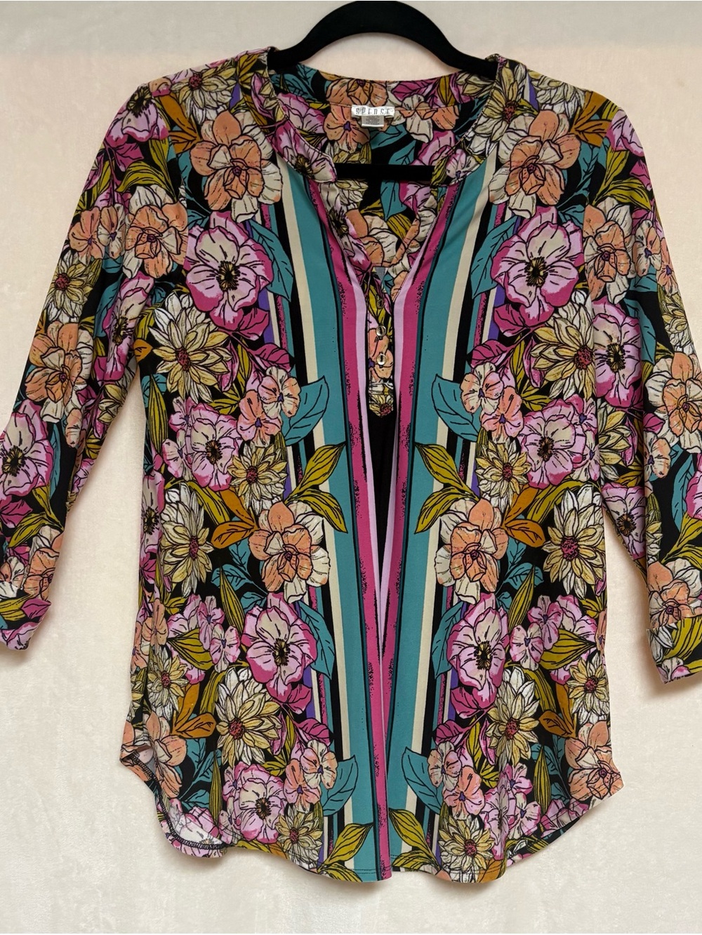 Spense Floral Split-Neck Tunic in Pink, Teal, Black and Gold